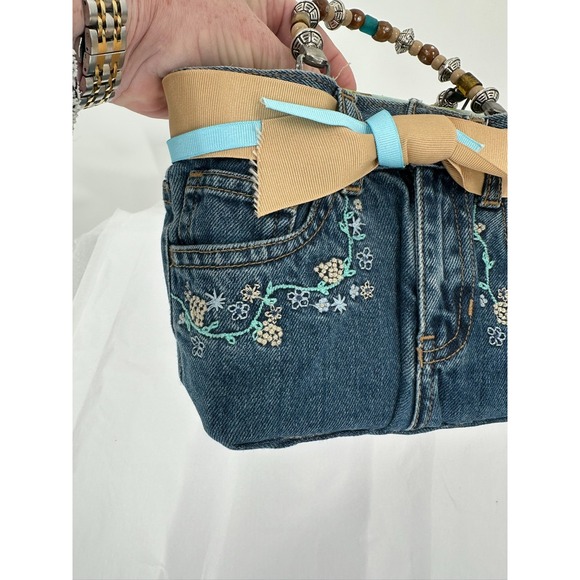Bootie Bag Blue Jean Handbag Purse Beaded Handles Flip Flop Interior Pockets - Picture 4 of 8